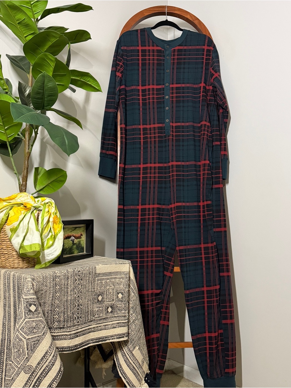 Hearth & Hand LARGE Green Red Plaid Unisex Union Suit Onesie Pajamas